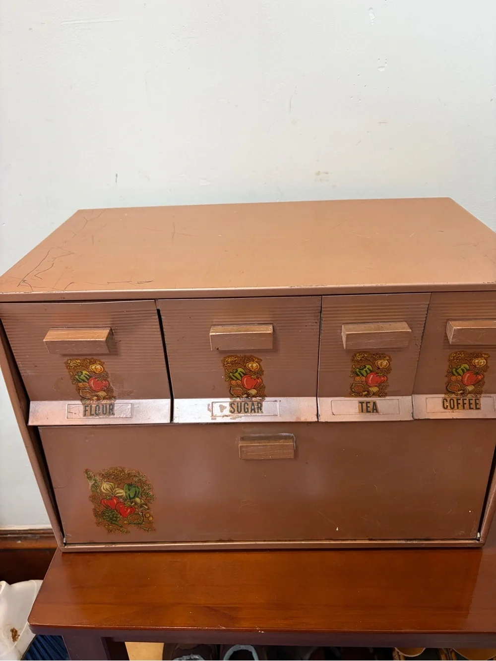 Vintage Kreamerwate Metal Kitchen Canister Set - with bread box Fruit Decals